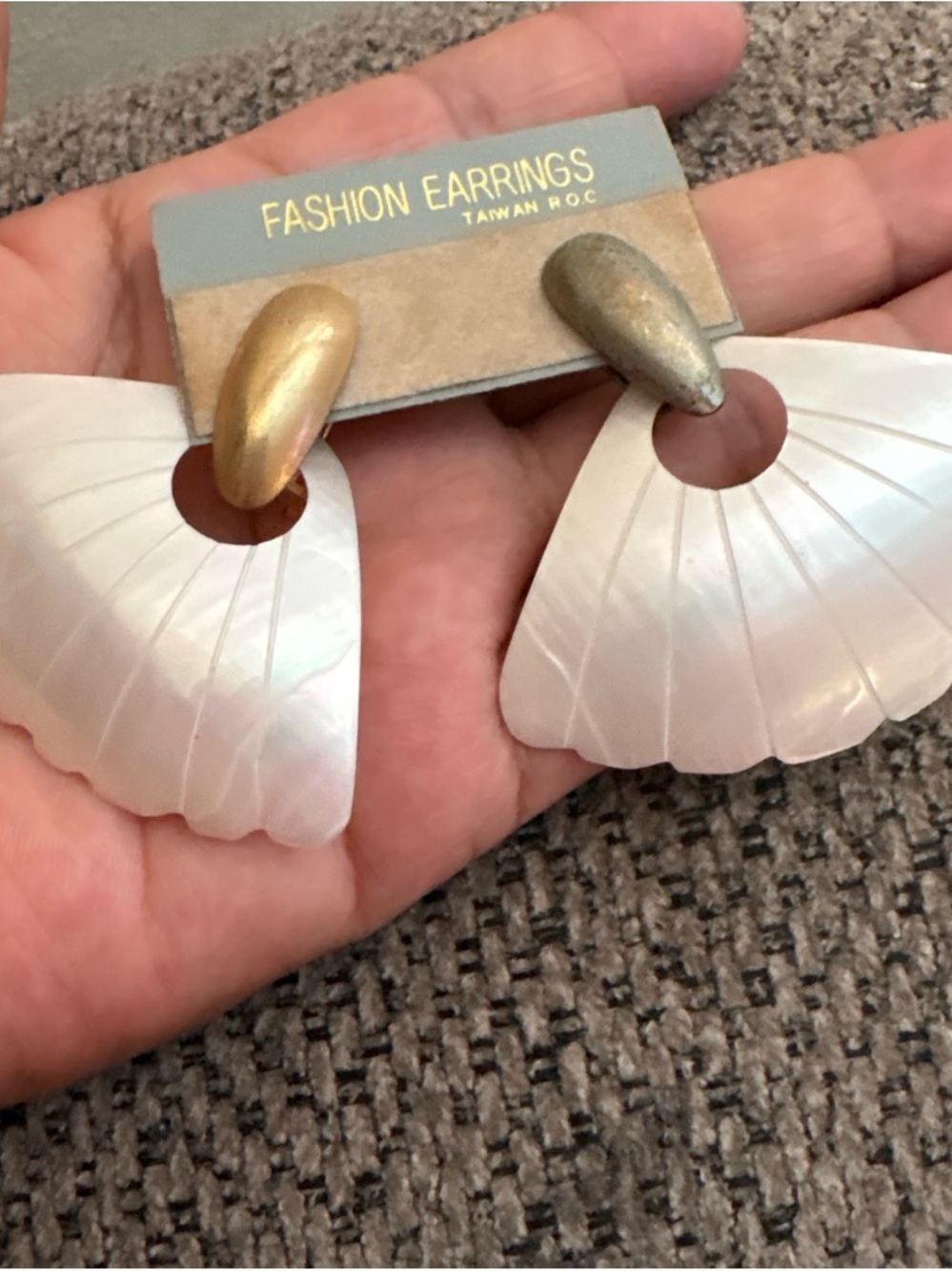 Vintage Fan Shaped Carved Mother of Pearl Pierced Earrings, 1980s Big Earrings